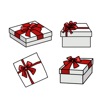 Set of white doodle Gift boxes with red bows in cartoon style.のイラスト素材