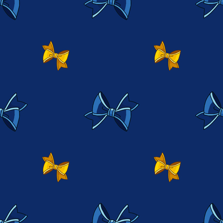 Seamless pattern with yellow and blue bows. Background for invitations, greeting cards, prints, fabric, apparel. Cartoon style drawings. Hand drawn vector illustration.のイラスト素材