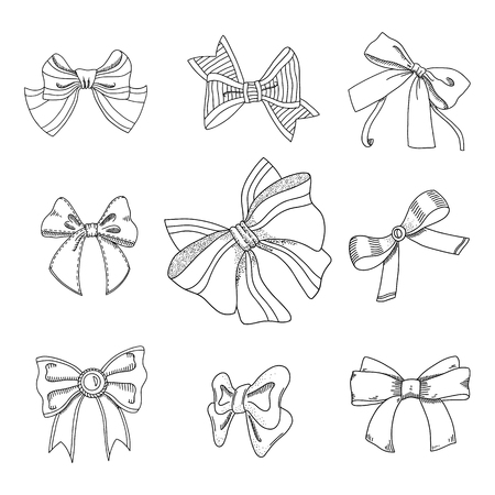 Set of different bows. Outline contour cliparts. Design elements for coloring book, invitations, greeting cards, prints. Thin line Ink sketch style drawings. Hand drawn isolated vector illustrations.のイラスト素材