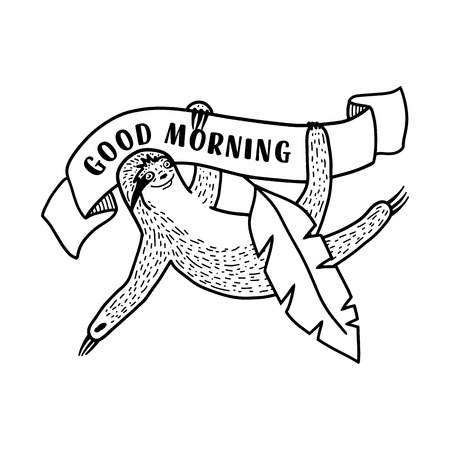 Smiling sloth with ribbon banner, tropical leaf and quote - Good morning. Hand drawn, doodle style. Cute funny vector illustration. Black lineart isolated on white backgroundのイラスト素材