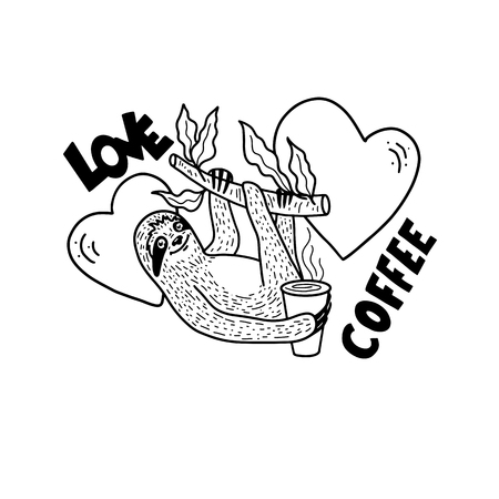 Smiling sloth nahging on a tree branch with a cup of hot drink. Quote - Love coffee. Hand drawn, doodle style. Cute funny vector illustration. Black lineart isolated on white backgroundのイラスト素材