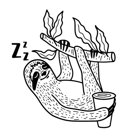 Sleeping sloth nahging on a tree branch with a cup of coffee. Hand drawn, doodle style. Cute funny vector illustration. Black lineart isolated on white backgroundのイラスト素材