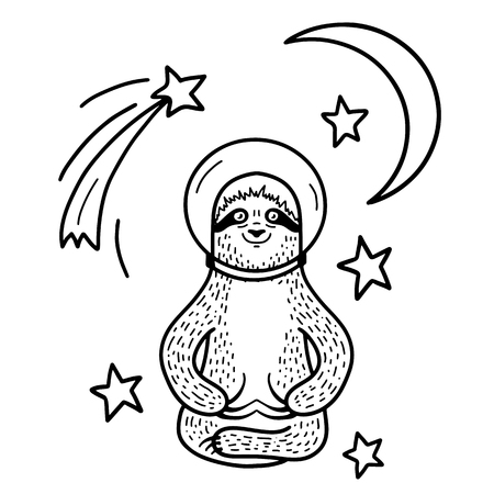 Smiling sloth astronaut in helmet sitting among stars. Hand drawn, doodle style. Space and moon elements. Cute funny vector illustration. Black lineart isolated on white backgroundのイラスト素材