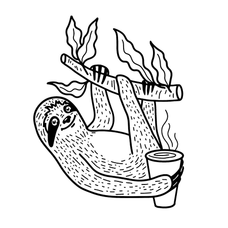 Cute sloth nahging on a tree branch with a cup of hot coffee. Hand drawn, doodle style. Funny vector illustration. Black lineart isolated on white backgroundのイラスト素材