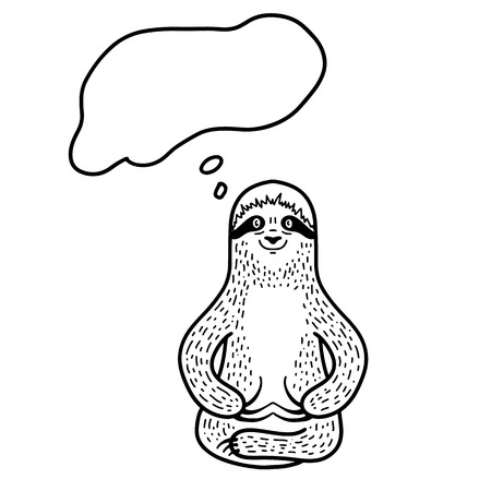 Sitting sloth with empty think balloon. Smiling face, opened eyes. Hand drawn, doodle style. Cute funny vector illustration. Black lineart isolated on white backgroundのイラスト素材