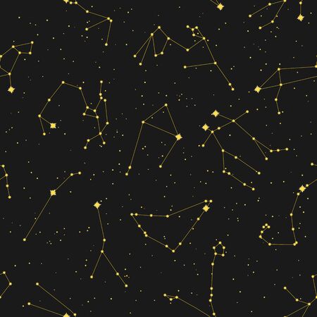 Seamless space pattern with different zodiac constellation and stars. Black background