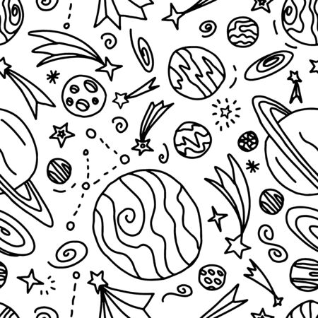 Hand drawn seamless pattern with stars, comets and planets. Space doodle illustrationの写真素材