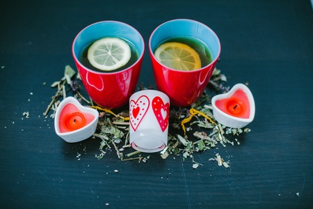 Two cups of tea for lovers. Valentines dayの写真素材