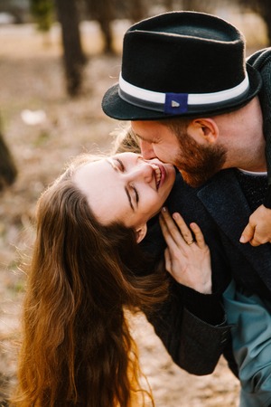 A man and a woman in the Woods huggingの写真素材