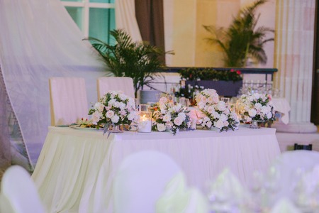 Table for the bride and groom to banquetの写真素材