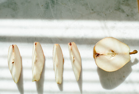 PEAR in a cut and sliced pearsの写真素材