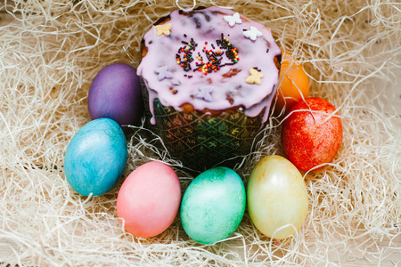 Easter cake and colorful eggs. Sweet eatの写真素材