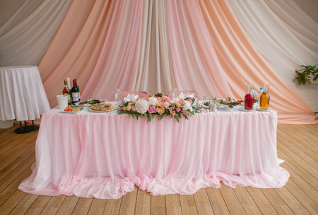 Table for newlyweds in pink styleの写真素材