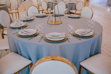 Wedding table with dishes for guestsの写真素材