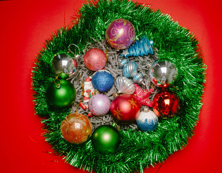 Christmas decorations on a red backgroundの写真素材