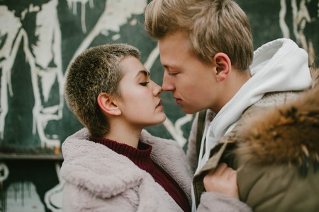 a young couple in love before the kiss face to faceの写真素材