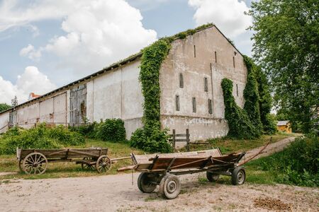 view of an old building in ivy and wooden carts, natureの写真素材