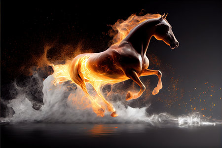 Horse on fire galloping through water. Generative AIの素材