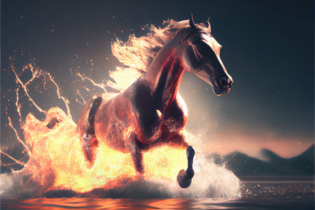 Horse on fire runs through water at high speed. Generative AIの素材