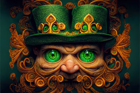 Portrait of angry man with beard - leprechaun. st patrick's day art. AI generatedの素材