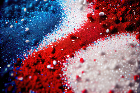 Abstract red, blue, white background with glitter in colors of American flag. AI generatedの素材