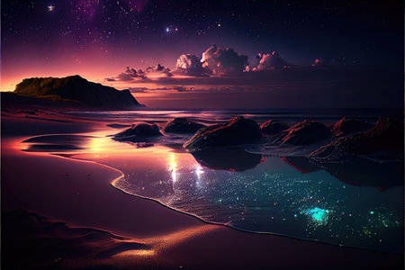 Magic night sea with sandy beach at dusk. Luminous waves wash stones and coast. AI generatedの素材