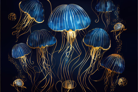 Watercolor golden jellyfish on dark blue background. luxury marine animal background. AI generatedの素材