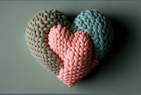 Knitted pink, blue and gray heart. Valentine's Day Postcard. AI generatedの素材