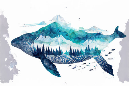 Watercolor mythical whale carries the world: forest, mountains and sea, abstract art. AI generatedの素材