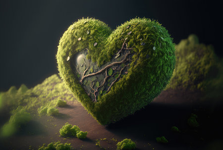 Green heart made of moss, eco background. AI generatedの素材