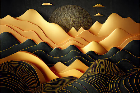 Gold and black mountain landscape, abstract paper background. AI generatedの素材