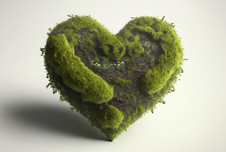 Eco art with green heart made of moss on white background. AI generatedの素材
