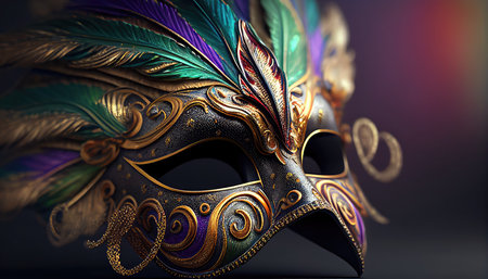Carnival mask with golden, green and purple feathers, close up, realistic illustration. AI generatedの素材