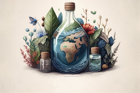 Bottle of water, inside - planet Earth, flowers and plants around, white background. AI generatedの素材