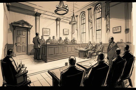Black-and-white sketch court session: courtroom, debate of parties, verdict. AI generatedの素材