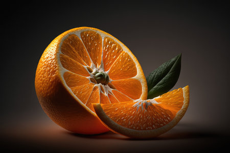Orange fruit cut in half and slice on adark background. AI generatedの素材
