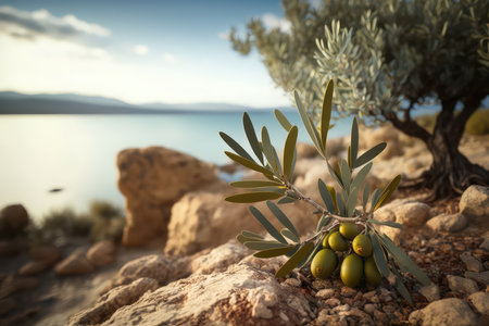 Branch of olive tree with fruits on rock, against backdrop of sea. AI generatedの素材
