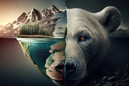 Half face of bear close-up and the planet: lakes, mountains and forests. Concept of environmental protection. AI generatedの素材