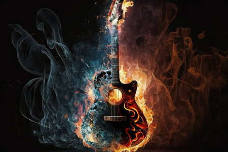 Guitar in fire and smoke on black background. AI generatedの素材