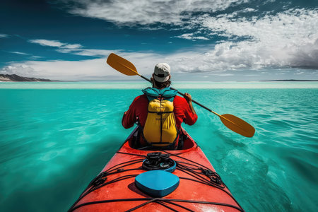 Kayaking in sea man with backpack floats on kayak view from back. AI generatedの素材