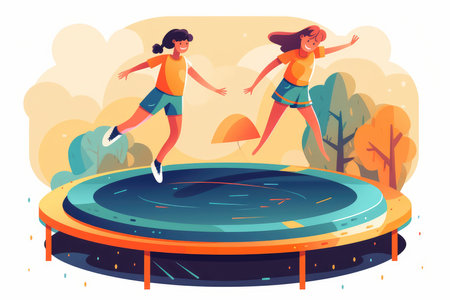 Two girls jump on trampoline, summer evening in the garden. AI generatedの素材