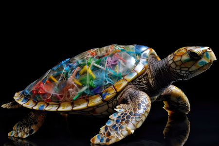 Turtle with shell of plastic and garbage, problem of pollution of the world's oceans. AI generatedの素材