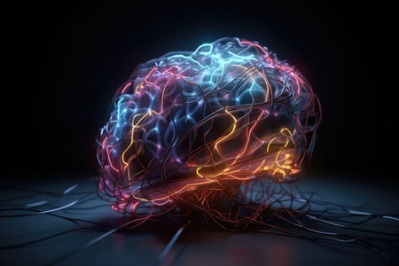 Human brain entangled with luminous wires: concept of artificial intelligence, neural networks. AI generatedの素材
