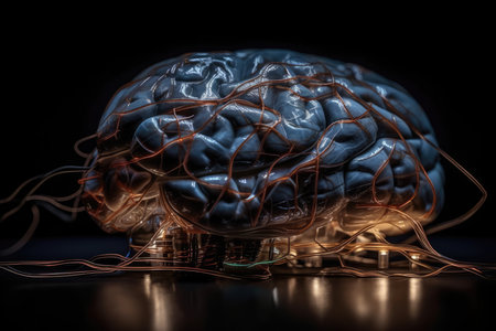 Human brain wrapped with wires, neural networks or man. AI generatedの素材
