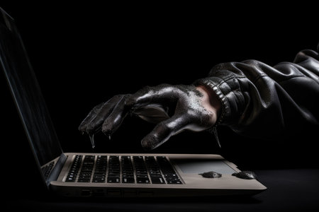 Hand stained with black liquid reaches for open laptop. Cyber security, hacker. AI generatedの素材