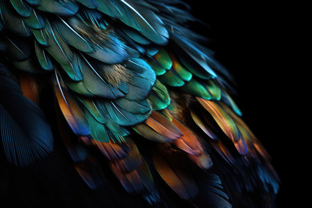 Multicolored feathers, fantastic bird wing. AI generatedの素材