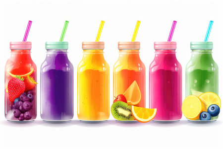 Bottles with smoothies or juice from fruits and berries, cocktails with straws. AI generatedの素材