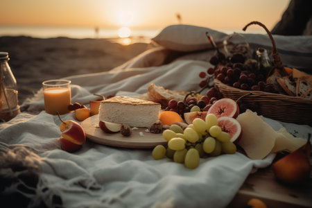 Summer picnic on sandy beach, fruits and cheese at sunset. AI generatedの素材
