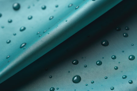 Turquoise waterproof fabric with water drops after rain, abstract background. AI generatedの素材
