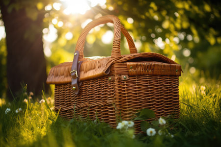 Wicker picnic basket stands under tree in garden or park. AI generatedの素材